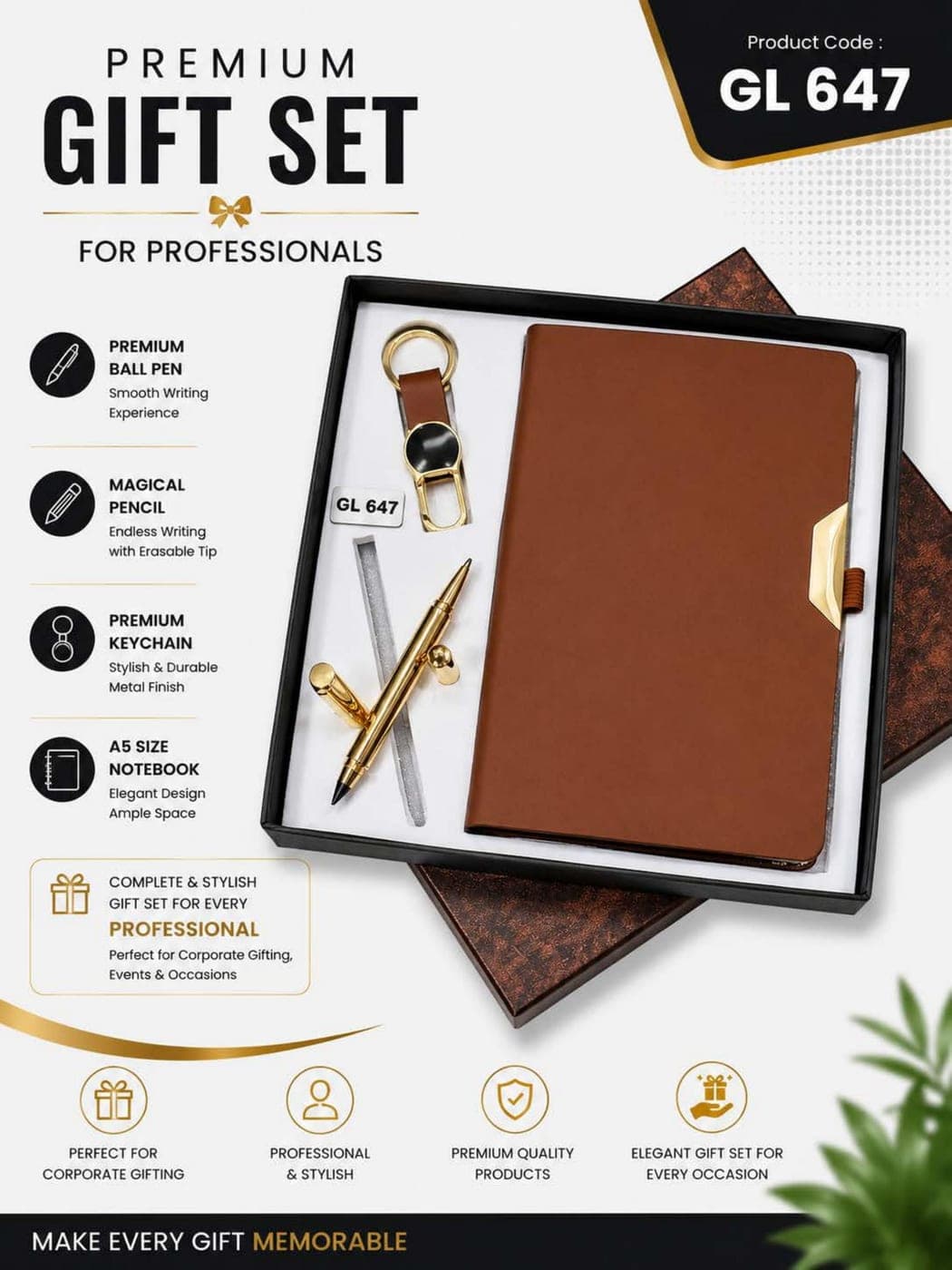 Pen & Notebook & keychain Set — tan gold