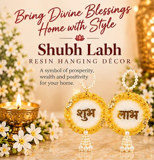 White and Gold Floral Shubh Labh Resin Hanging Pair